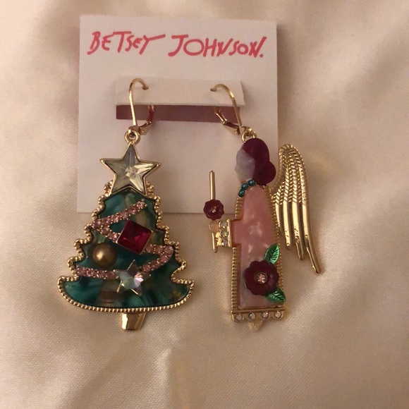 Betsey Johnson Gold Tone Feliz Navidad Angel & Christmas Tree Mismatch Earrings - Picture 7 of 12